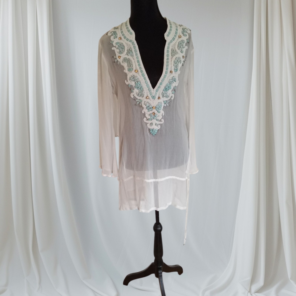 Kareena's Sheer White Tunic with Beaded Neckline